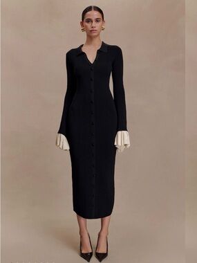 Meshki Black Knit Amirose Midi Dress with Cream Ruffles